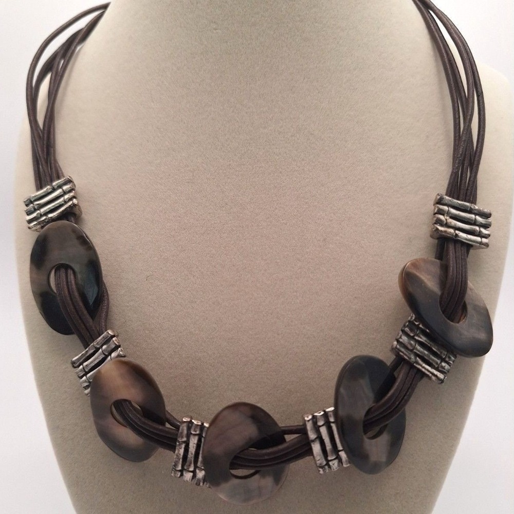 Vintage Chicos statement necklace brown shell multi strand chords silver tone